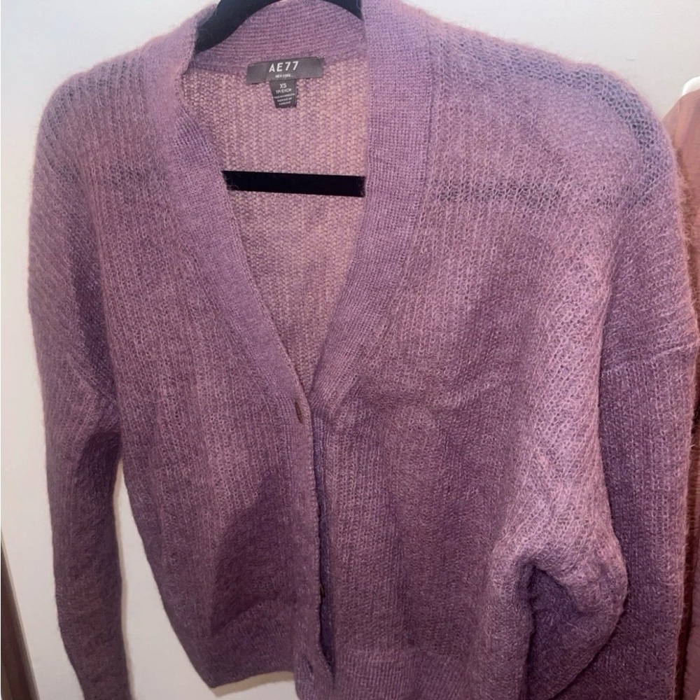 American Eagle Outfitters Lavender V-Neck Fuzzy Cardigan